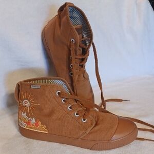 Bangs Women's Tan Embroidered High-Top Sneakers Mountain Sunrise